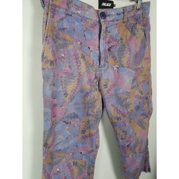 Palace Men's Sz. 32 Marbled Multicolor Raw Hem Cropped Chino Denim Pants - Picture 5 of 8